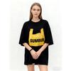 Oversized T Shirt Black Yellow Plastic Bag Print SUMBUR Text Casual Streetwear Fashion Top for Women Summer Outfit