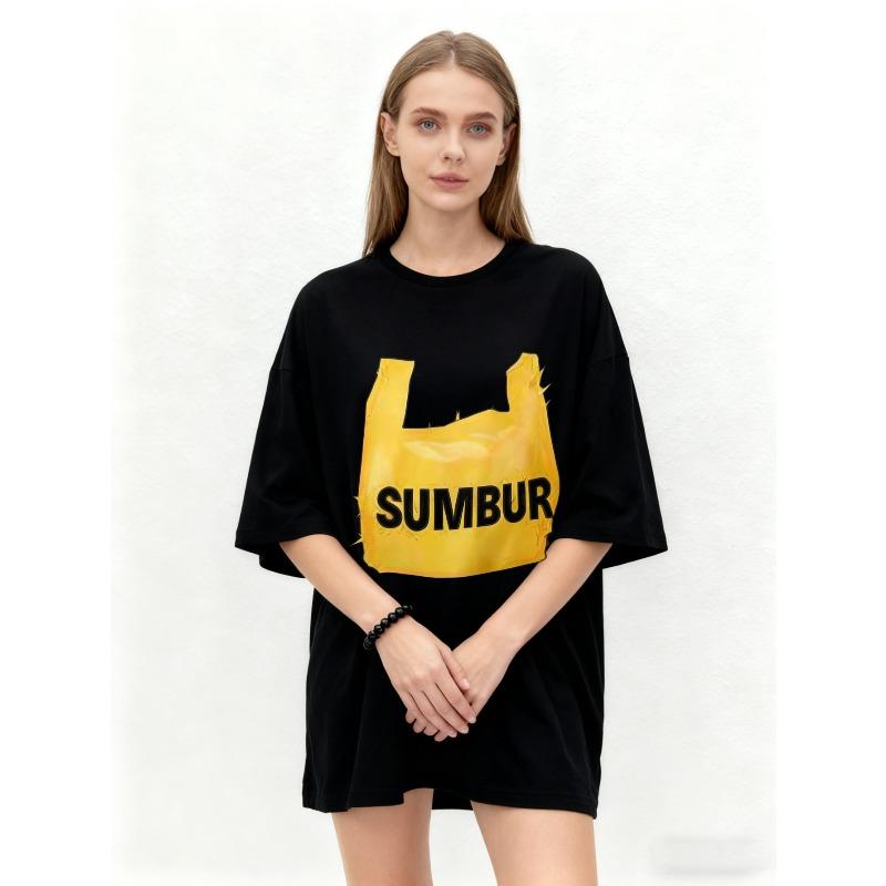 Oversized T Shirt Black Yellow Plastic Bag Print SUMBUR Text Casual Streetwear Fashion Top for Women Summer Outfit