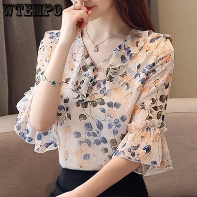 Blumendruck Elegante V-Ausschnitt Chiffon Blusen Falten Kurzarm Pullover Shirt Sommer Casual Damen Kleidung