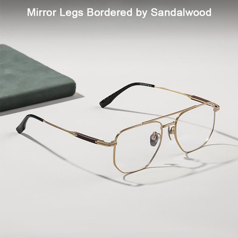 Pure Titanium Frame Sandalwood Inlaid Temple Pilot Double Beams Glasses Big Size Ultra Light  Frame Men's And Women's Eyewear