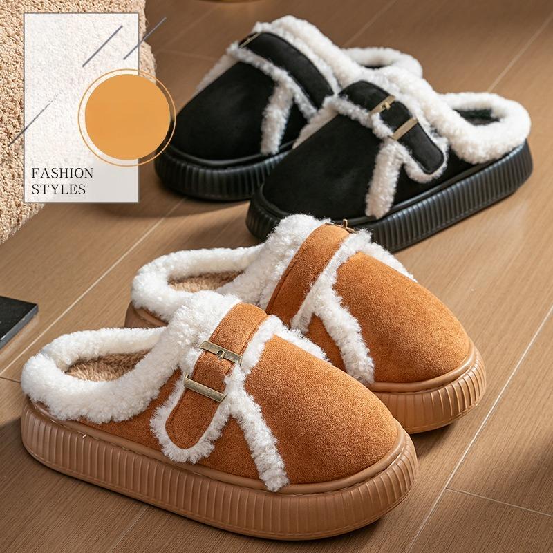 Thick Plush Warm Slippers, Women's Fashionable Buckle Home Anti-slip Cotton Shoes