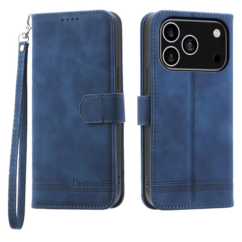 DIERFENG DF-03 For iPhone 17 Pro Case Lines Imprint Wallet Leather Phone Cover with Wrist Strap