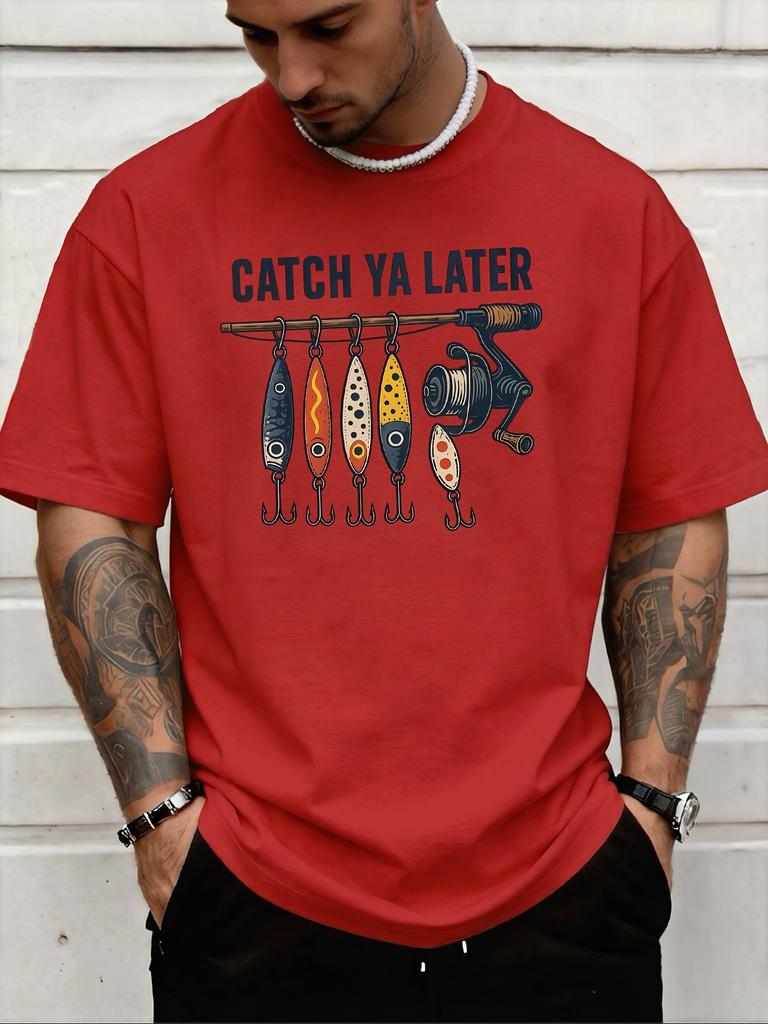 Retro Fishing Rod Bait Lure Catch Ya Later Slogan Graphic Print Unisexs Crew Neck Short Sleeve Tee Casual Daily Soft Basic Wear Top