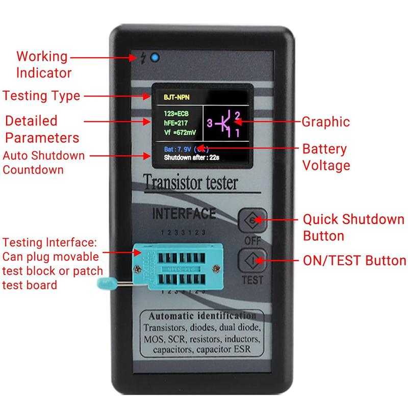 Mega328 NPN PNP Transistor Diode Resistor Inductor Capacitance MOS SCR ESR Meter Automatic Checker Detector Transistor Tester