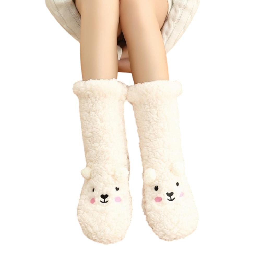 Cute Bear Fleece-Lined Sleeping Socks Cartoon Design Winter Thick Warm Floor Socks B