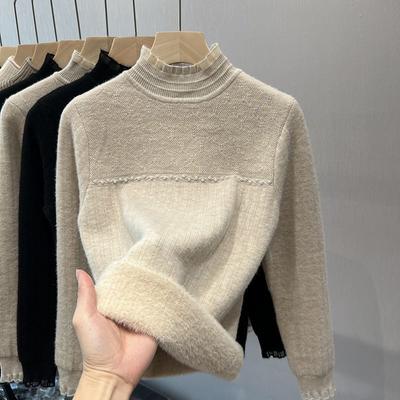Women's Autumn and Winter Nail Bead Warm One-piece Velvet Semi High Neck Sweater with Thickened Lace Edge Knitted Base