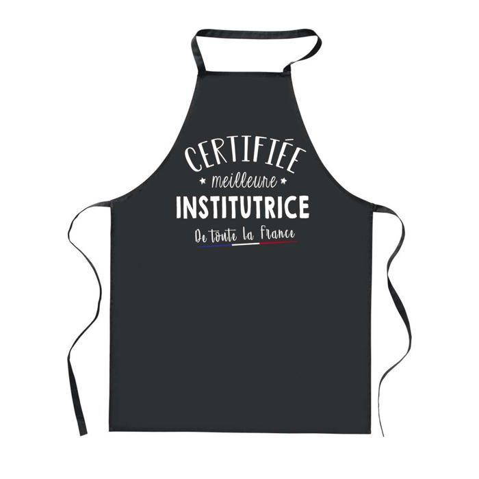 Planetee Tablier de Cuisine Noir Certifiée meilleure Institutrice – Cadeau Femme, Barbecue, Jardinage, Tâches ménagères
