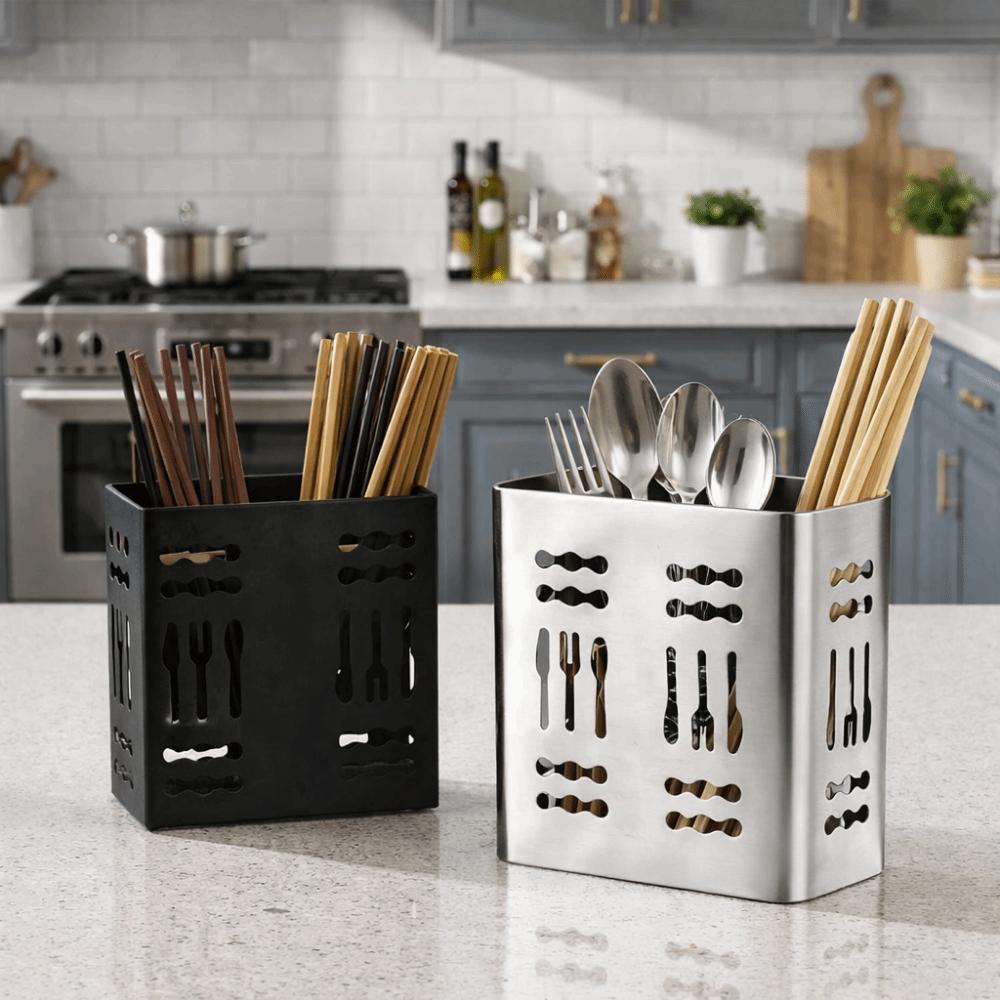 2 Divided Compartments Stainless Steel Chopsticks Rack Wall Mounted Space Saving Cutlery Drying Rack with Hook Rust-proof