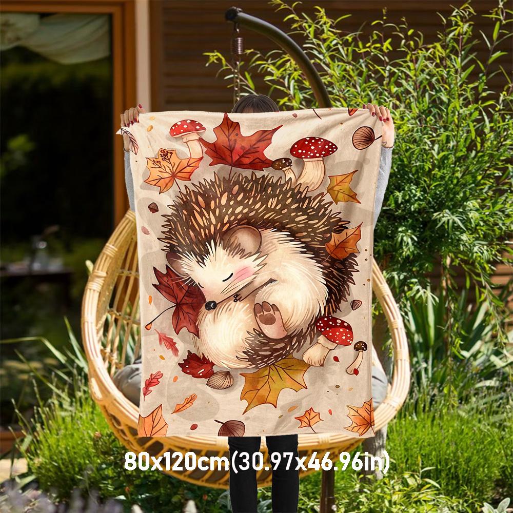 1PC Hedgehog, AutumnOutdoor Flannel Blanket - Soft Plush Decor for Picnics, camping, Bedroom, Playroom, Office, or Lunch Break 1219A