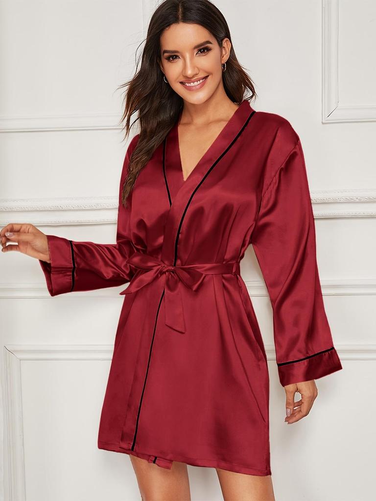 Women's Pure Black Faux Silk Bathrobe and Pajama Set with Turn-Down Collar