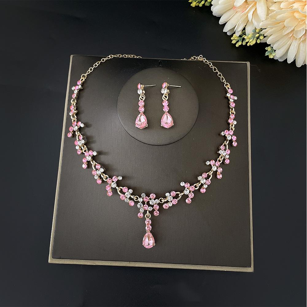 DIEZI Luxury Wedding Bridal Purple Pink Crystal Necklace Earrings Jewelry Sets For Women Fashion Water Drop Rhinestone Jewelry