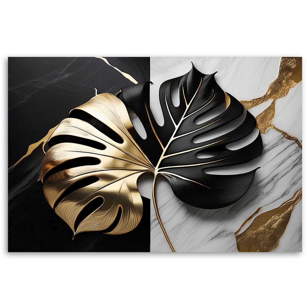 Canvas Print, Monstera Gold and Black On White and Black Background