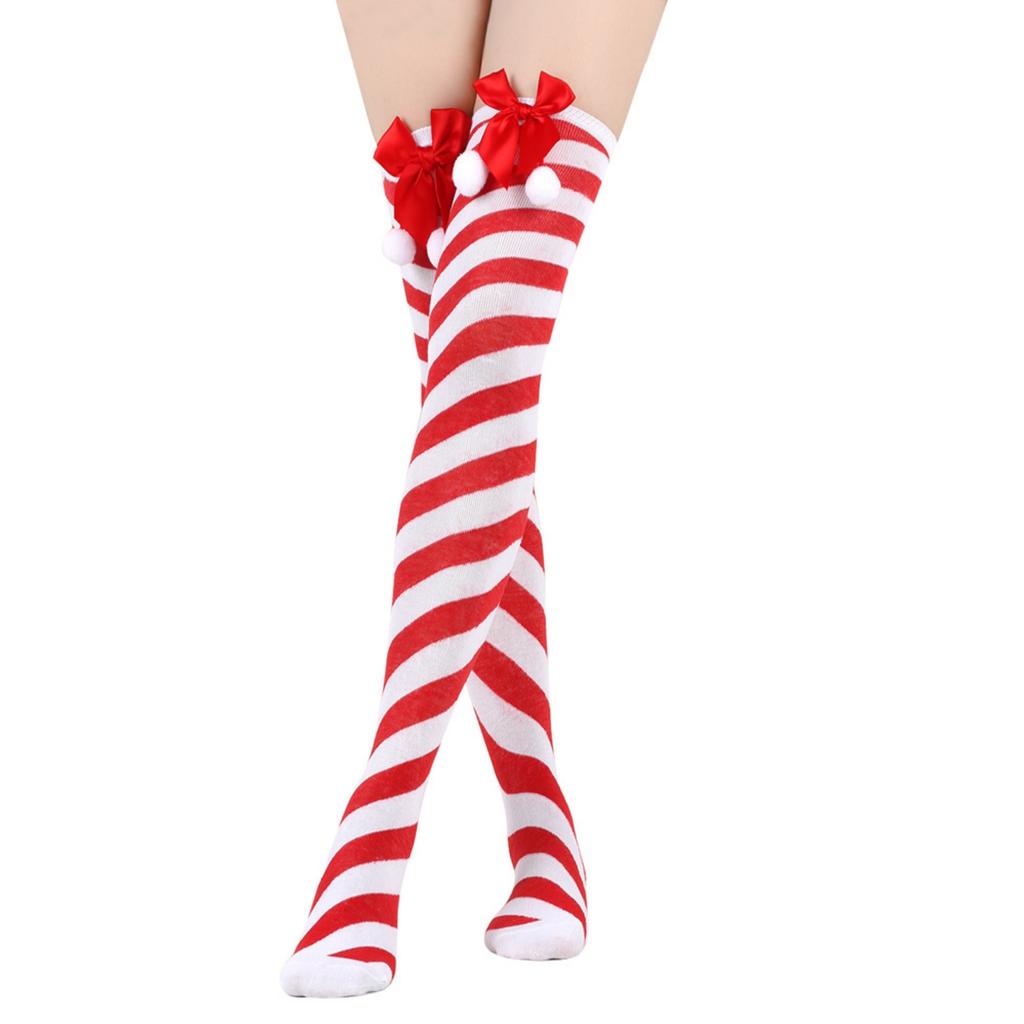 Women's Bowknot Christmas Stockings With Pom-poms Stripes Pattern Knee-high Over-the-knee Socks