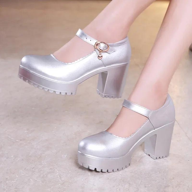 8cm 10cm Small Size 32-43 Elegant Office Ladies Soft Leather Mary Janes Platform Shoes 2025 Fall Block High Heels Shoes Work Mom