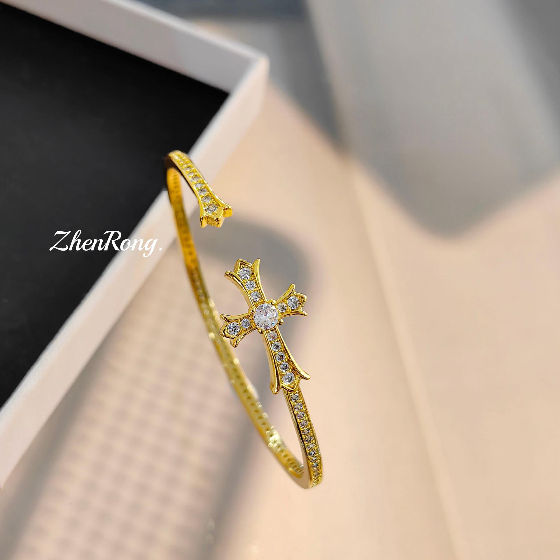 Medieval Vintage Keke Cross Diamond-Encrusted Bracelet Bracelet Retro Temperament Light Luxury Versatile Open Ring Women