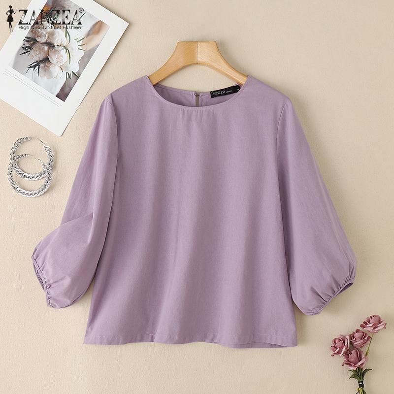 ZANZEA Women Loose Round Neck 3/4 Sleeve Casual Cover Up Blouse