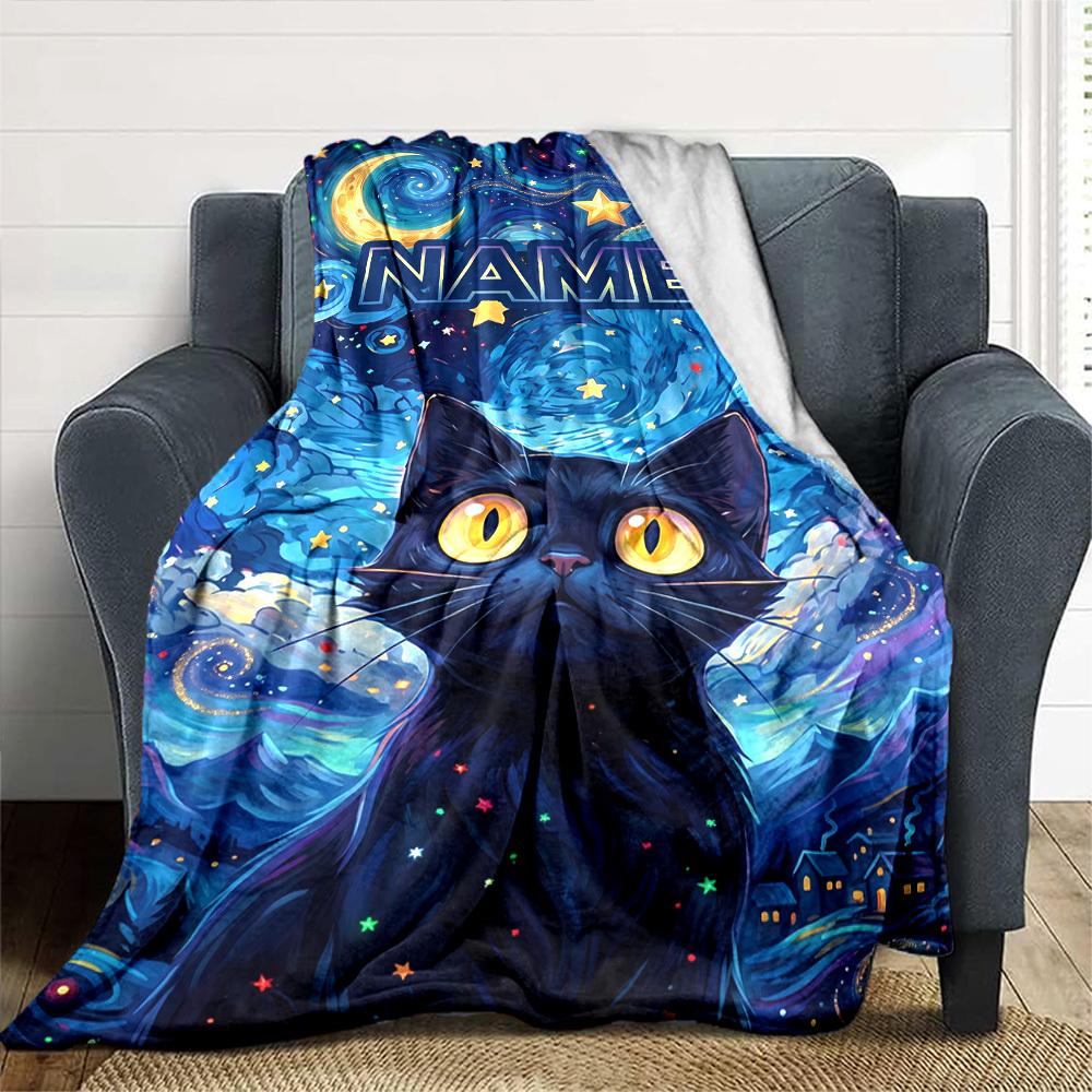 Cosmic Cat Night Sky Home Customize Your Name Blankets Soft Cozy Lightweight Allseason Multiuse Throw Perfect For Couch Office Bed Living Room Picnics