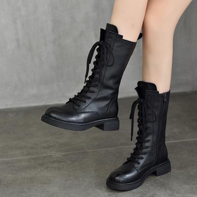 Women's Mid-Calf Fleece-Lined Genuine Leather Boots - 2025 Autumn/Winter British-Style Martin Mid-Heel