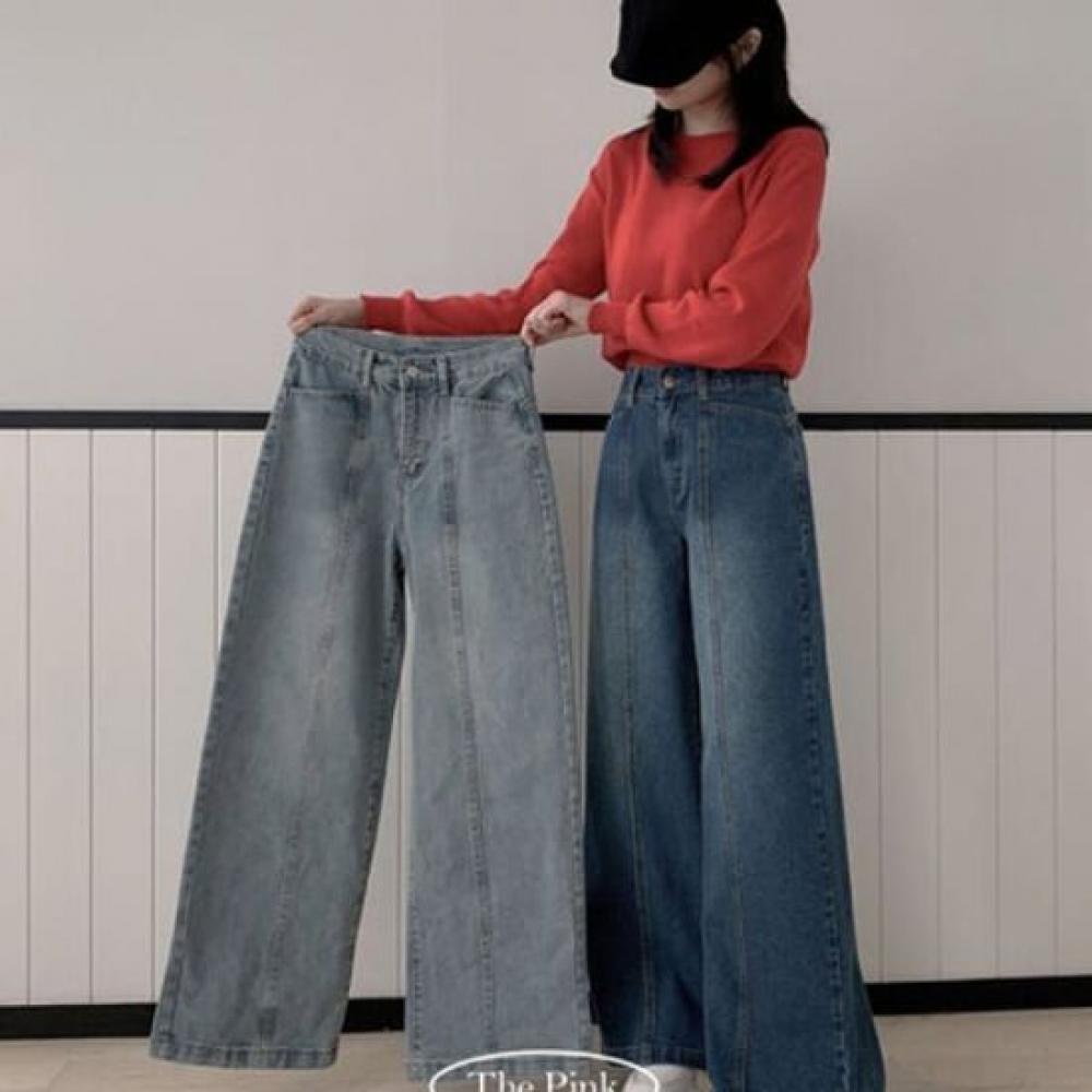 The Pink High Waist Cut Washed Wide Denim Pants