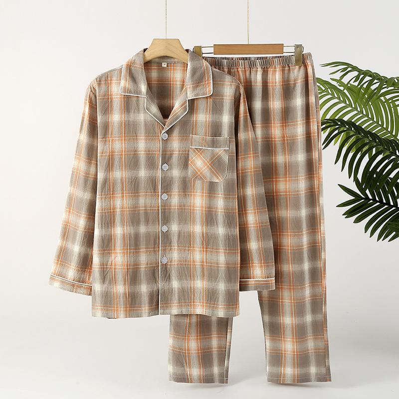 Couple Pajamas Two Piece Set Cotton Long Sleeved Pants Simple Plaid Print Pajamas Women Men Homewear Sleepwear