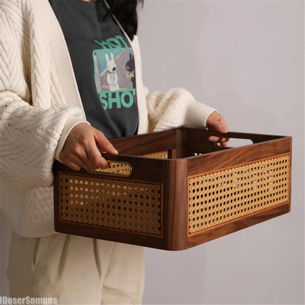 Organizer Luxury Kitchen Desktop Solid Wood Storage Box Retro Rattan Basket Book Snacks Cosmetics Home Appliance