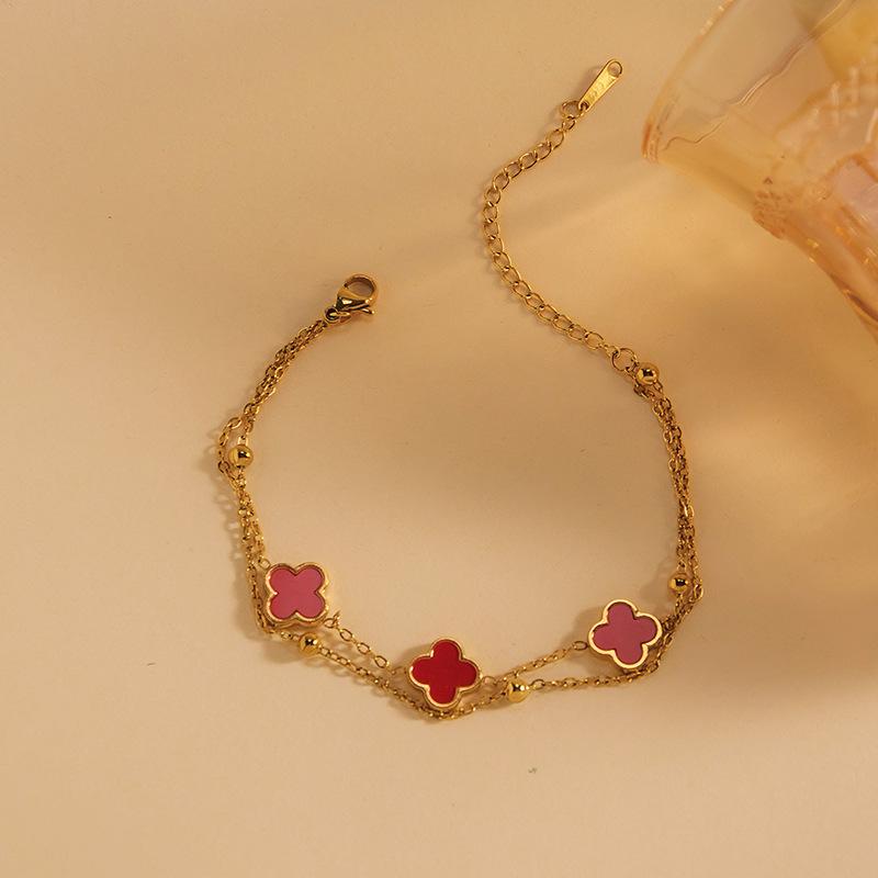 European & American Women's Four-Leaf Clover Gold Stainless Steel Double-Layer Beaded Bracelet