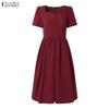 ZANZEA Womens Square Collar Short Sleeve Casual Grid Print Dress