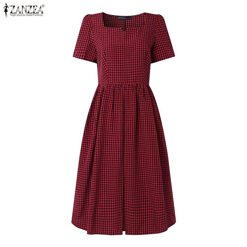 ZANZEA Womens Square Collar Short Sleeve Casual Grid Print Dress