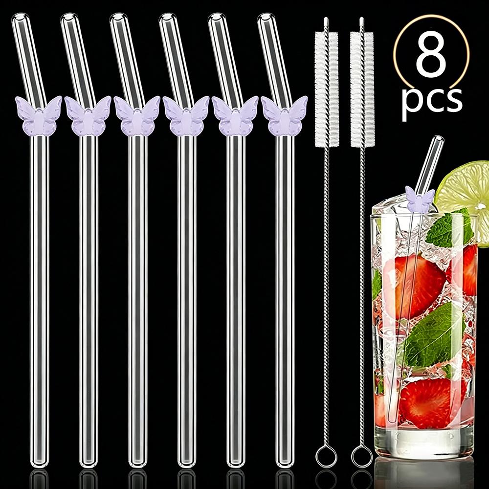 8 Stück Glasstrohhalme mit Schmetterlingsdesign und Bürste 200*8mm Wiederverwendbares Trinkhalm-Set Milchshakes Cocktail Kaffee-Strohhalme Haushalts-Bar-Zubehör