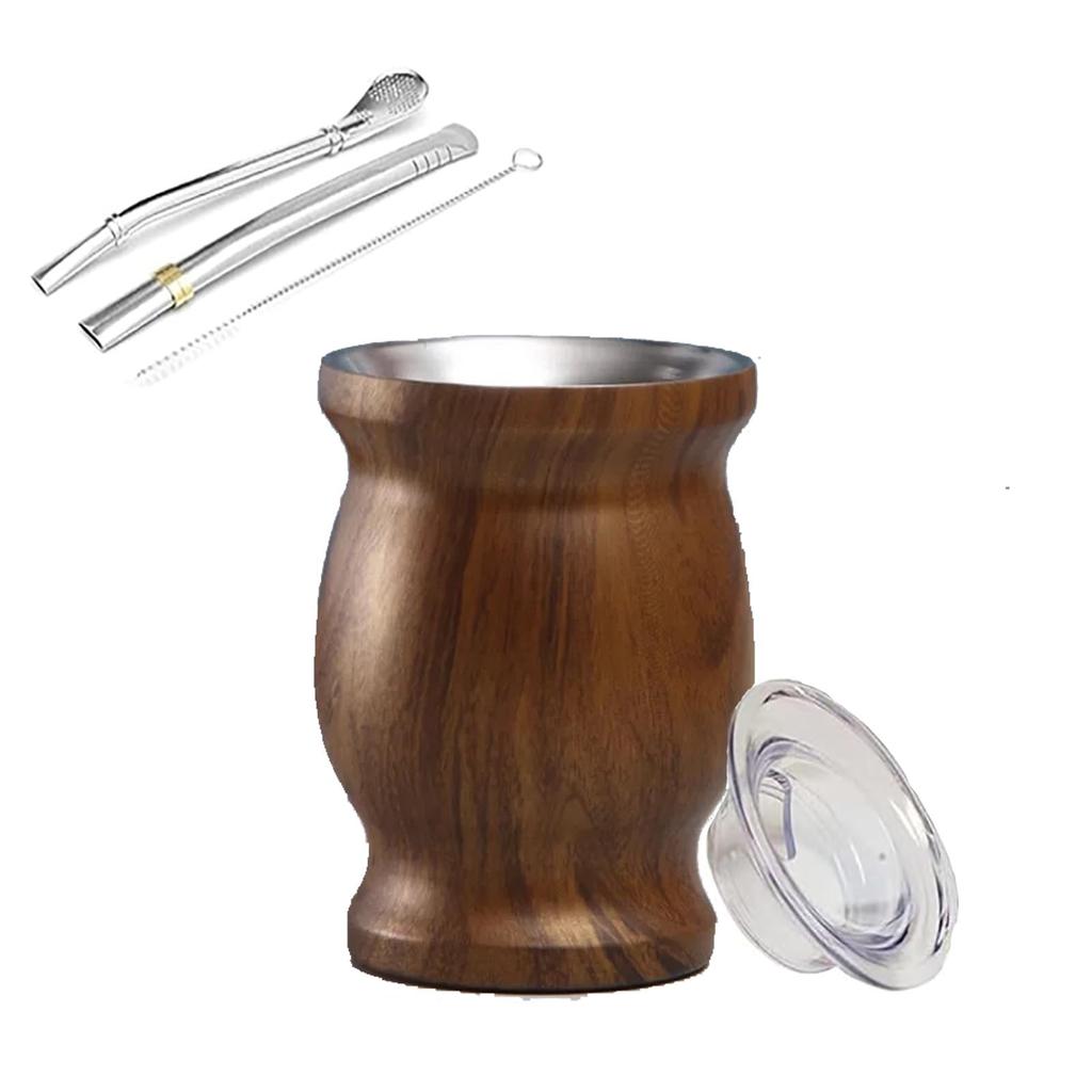 Stainless steel mate tea cup and set with straw cleaning brush for easy cleaning. Perfect for any room or office. (Wood grain)