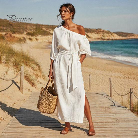 Summer Maxi Dress Women One Shoulder Long Dress, Solid Color Tie Waist Side Split Casual Party Sleeve for Dresses
