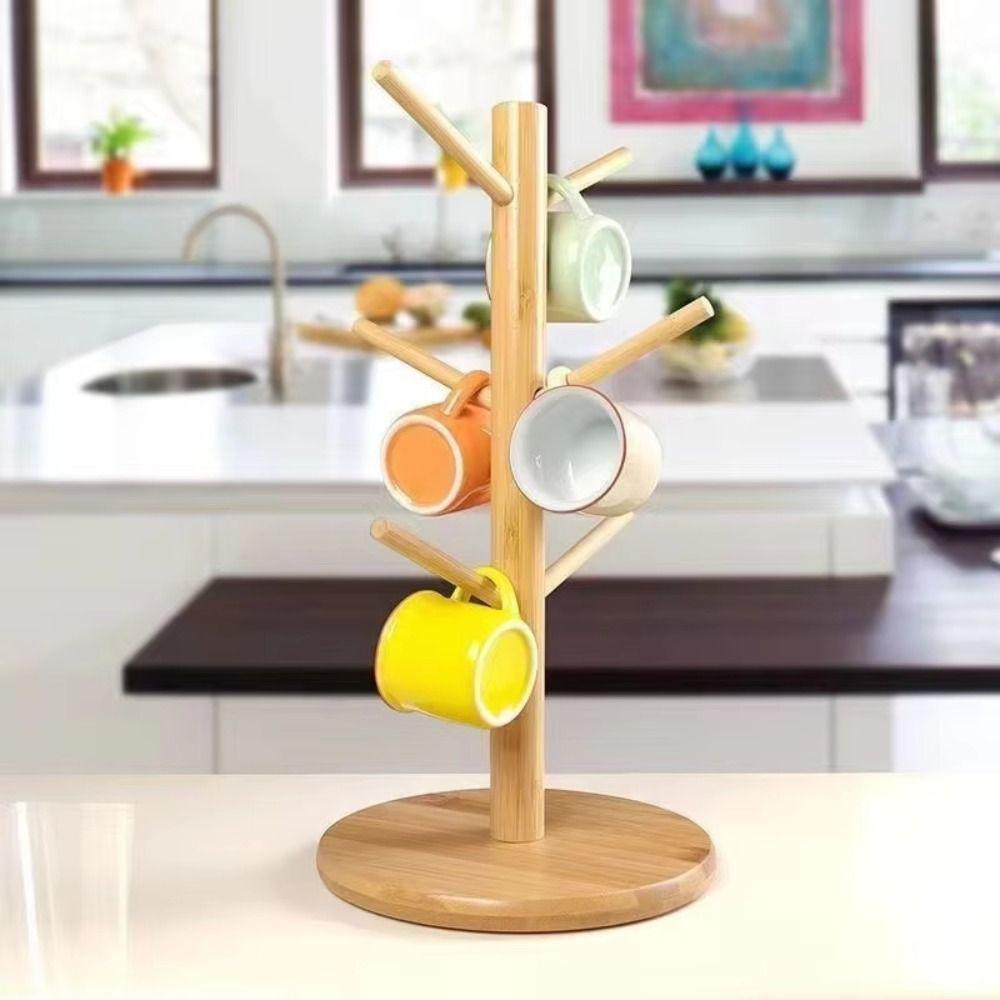 6 Haken Bambus Kaffeetassenhalter Verdickte Basis Holzmaterial Tassenbaum Baumform Stabiles Design Kaffeetassenständer Küchenaufbewahrung