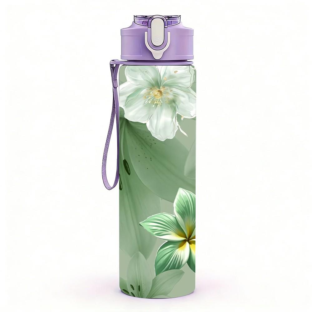 1PC Green Floral Leaf Marble Pattern 750ml Color Plastic Sports Water Bottle Leakproof Flip Straw Lid Suitable for Sports Office Home Use