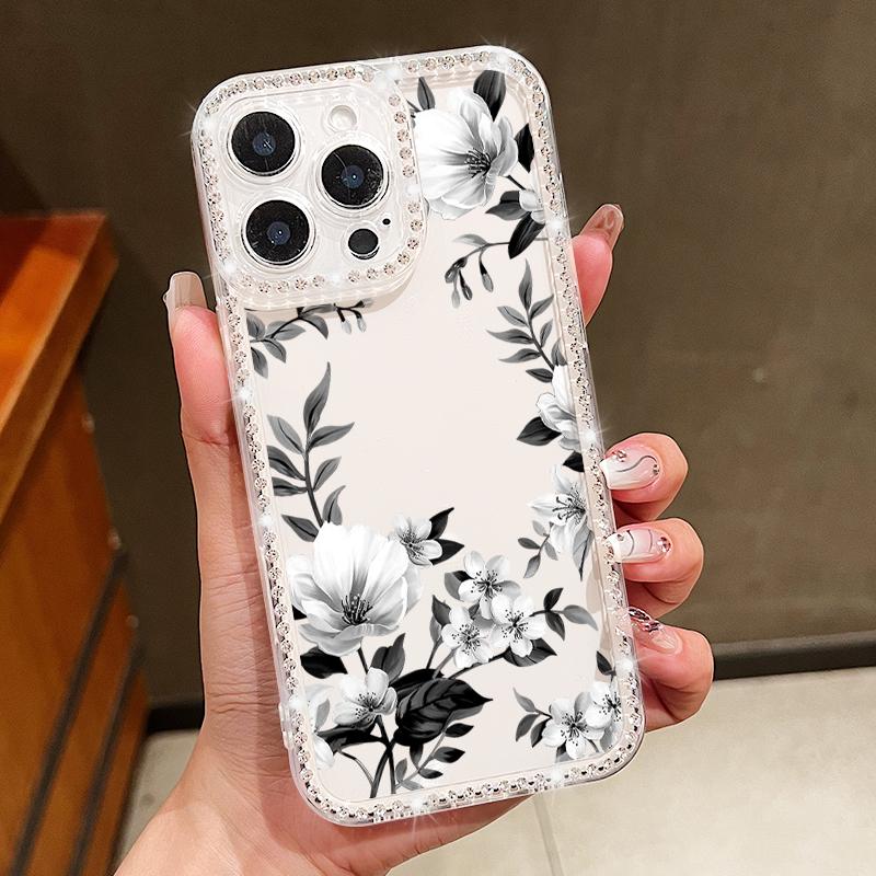 Sakura Floral Print Diamond Frame Clear Case For iPhone 16E 16 15 Pro Max 14 Pro 13 12 11 Anti-Fall Soft Silicone Shockproof Phone Cover
