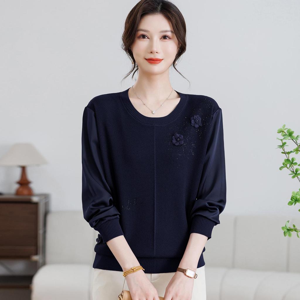 Mom's Gauze Sleeve Long-Sleeve Knit Top for Middle-aged Women - Lightweight Spring/Autumn Wear