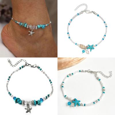 Tornozeleiras de Verão Boêmias com Estrela do Mar e Estrela para Tornozelo na Perna de Mulheres e Meninas Joias de Corrente Feitas à Mão para Pés Descalços