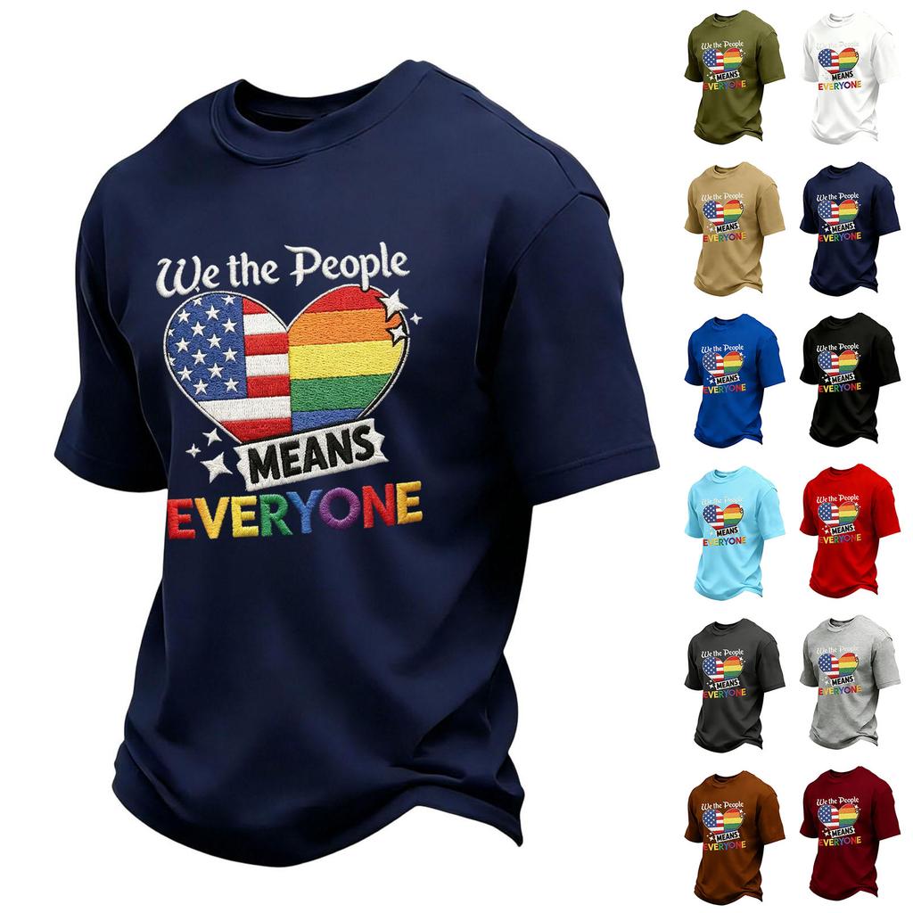 Men's Casual Short Sleeve Crew Neck T-Shirt with Patriotic Heart Print and Lettering Graphic for Everyday Wear