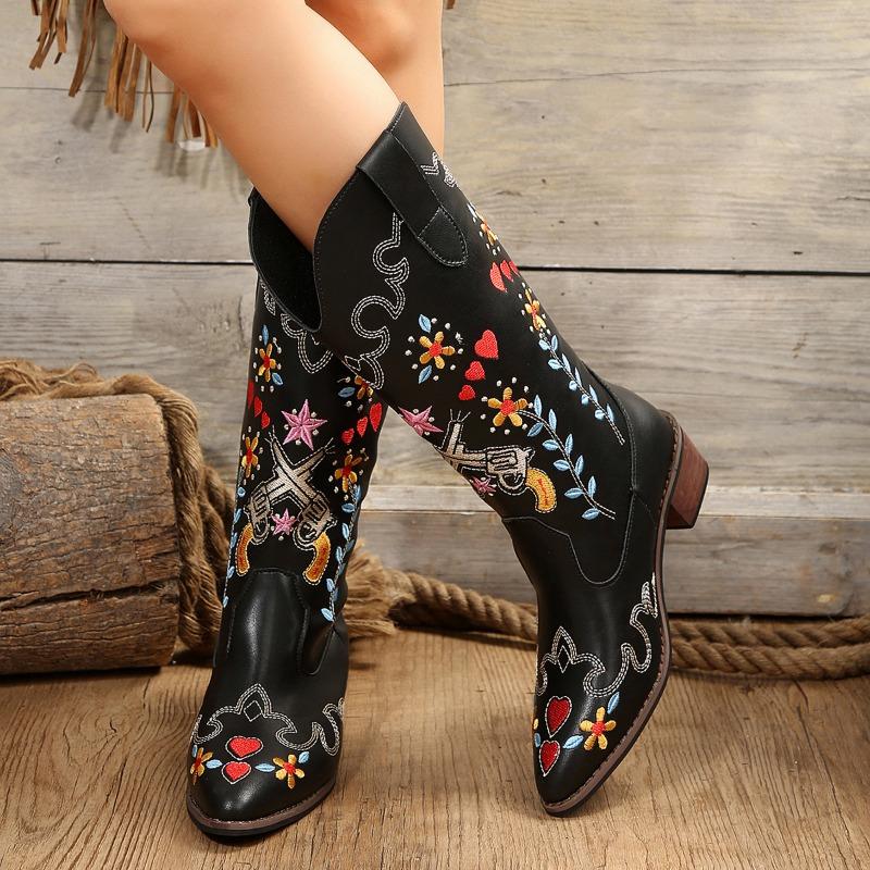 Large Size Long Embroidered Boots Thick Heel Women's High Boots Women's