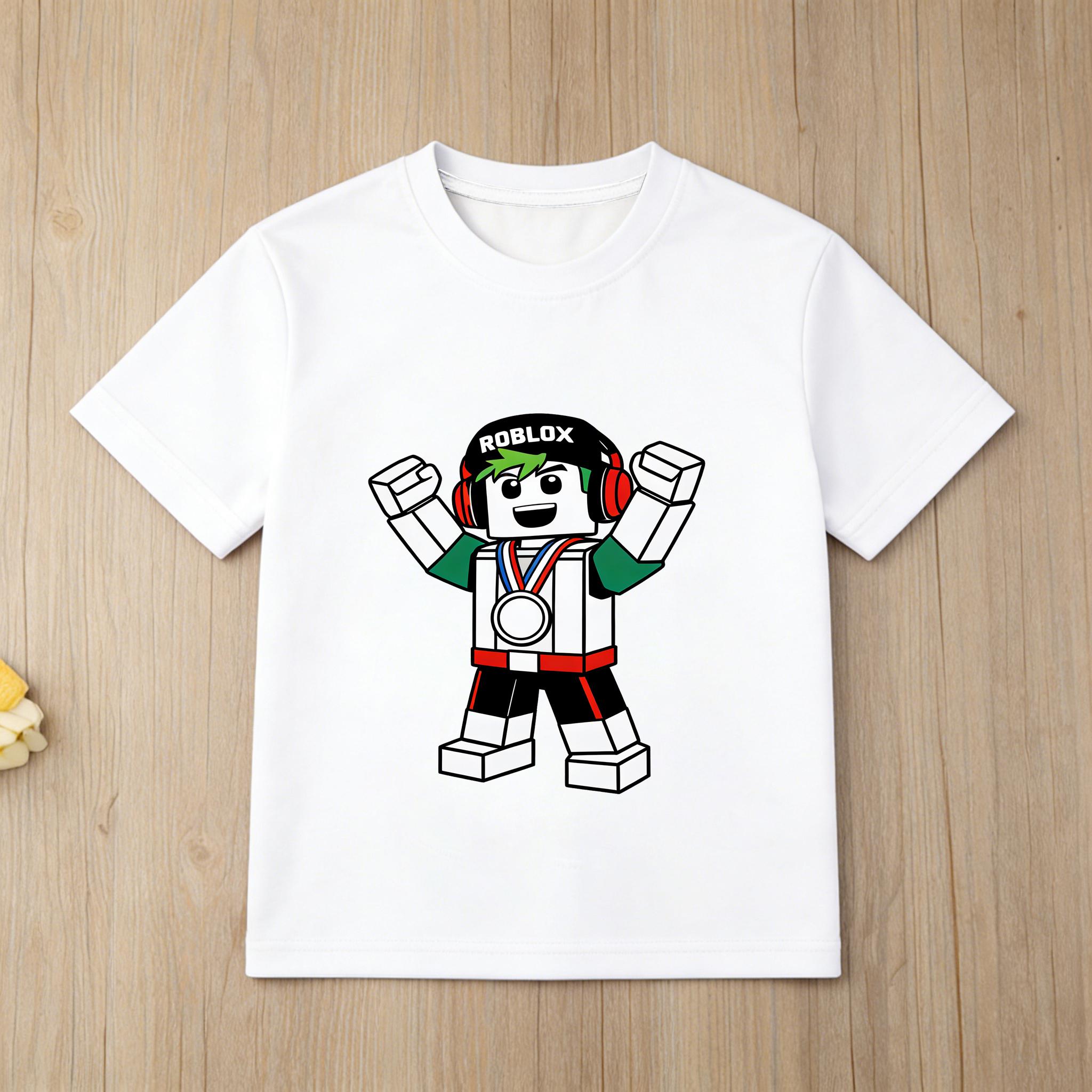 Roblox Game Cartoon Kids TShirt Orange Block Figure with Skateboard Print Short Sleeve Casual Tops 100