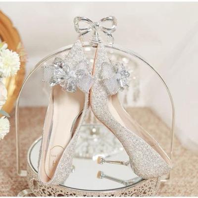 Bridal Wedding Shoes Women's Thin Heels Pointed Toe Shallow Mouth French Cinderella Crystal High Heels