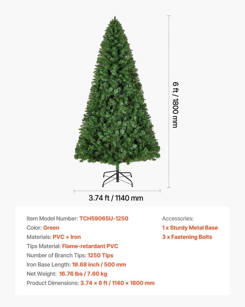 Christmas Tree, 1.8m Artificial Xmas Tree, Full Holiday Decor Trees with 1250 Branch Tips & Sturdy Metal Base for Home Party Office Decoration