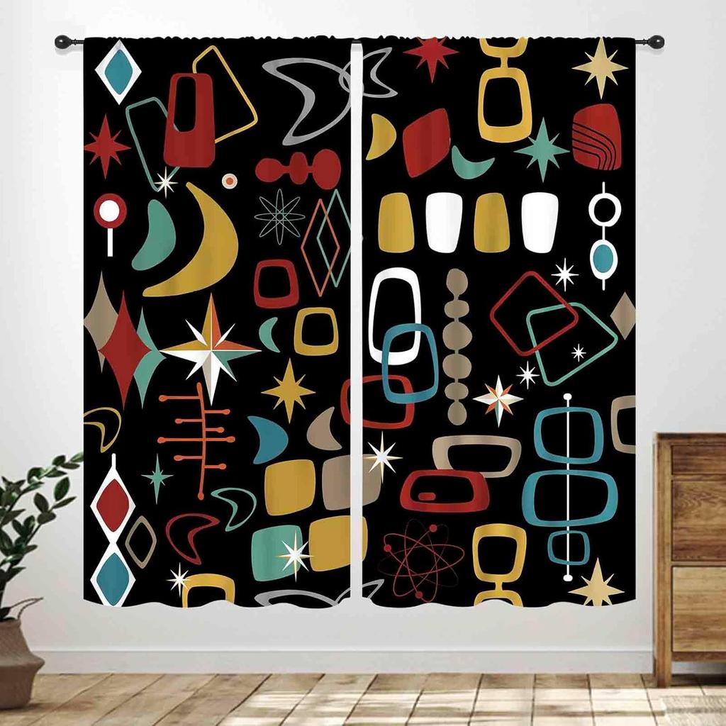 Mid Century Modern Curtains,Blue Orange Abstract Atomic Geometric Pattern Retro 1950S 1960S Style Window Treatments For Bedroom