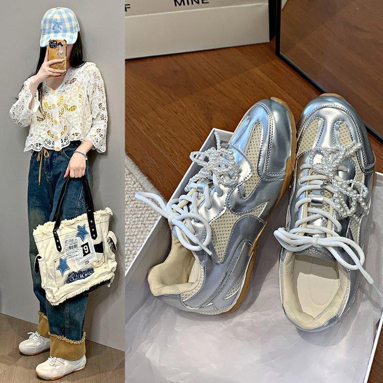 Platform soled German training shoes women's pearl shoelaces silver ballet style 2025 new spring casual Forrest Gump sports shoes