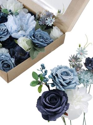 Dusty Blue Flowers Artificial Flower Combo Mix Silk Flowers Roses with Stems for DIY Wedding Bridal Bouquets Floral Arrangement Table Home Decorations