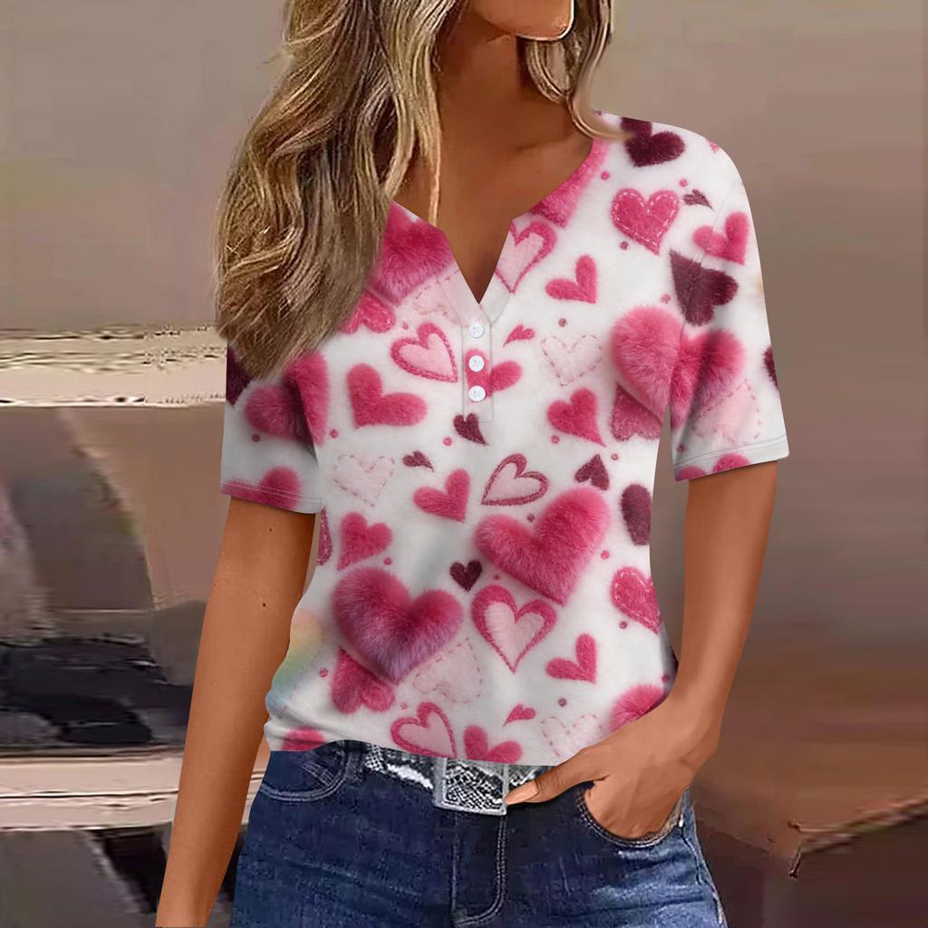 Women's Fashion Casual V,Neck Short,Sleeve T,Shirt With Decorative Buttons And Valentine's Day Print Top