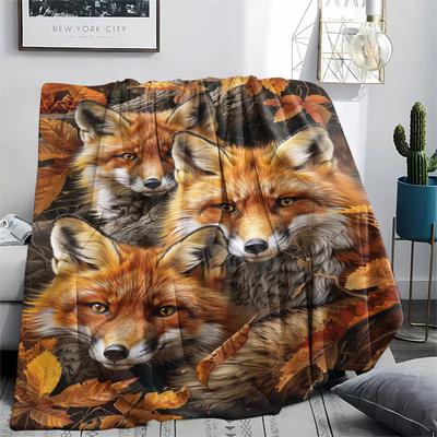 1Pc 3D Fox Print Flannel Blanket, High Quality Comfortable for All Seasons, Home Decor, Warmth and Comfort, Perfect for Christmas Gifts