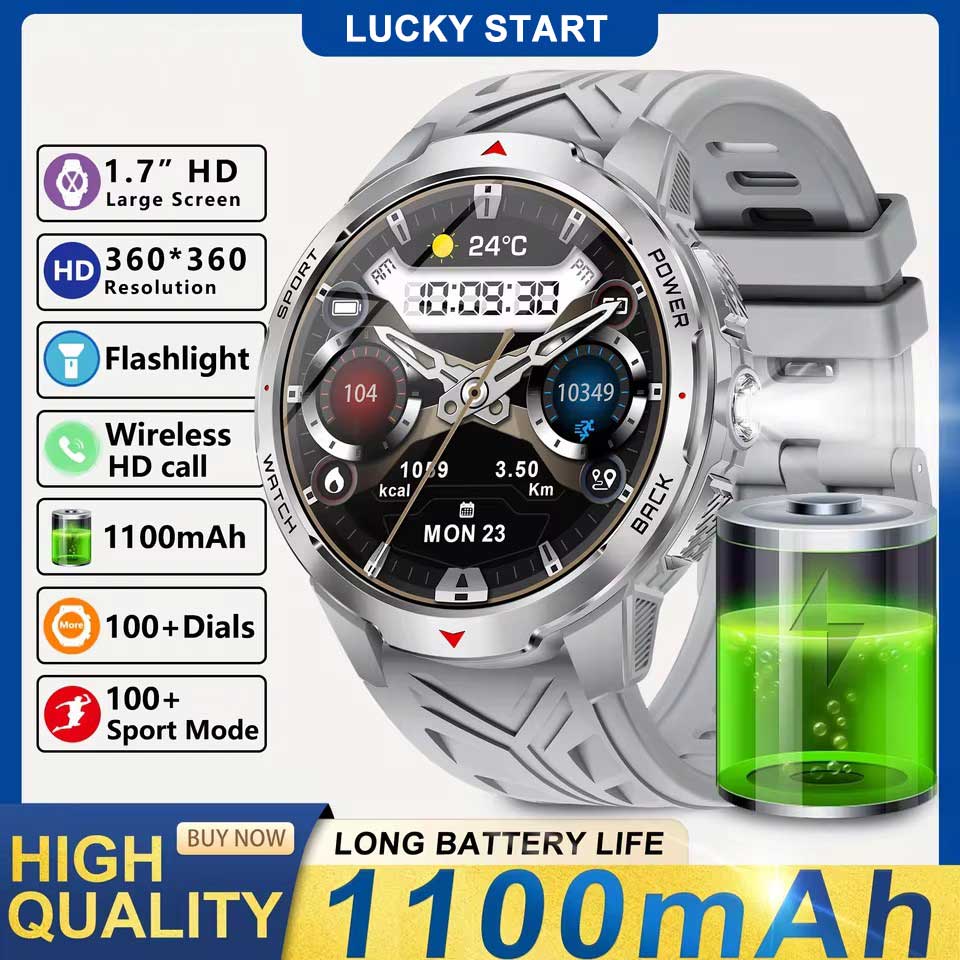 2025 New 1.7-inch Smart Watch Men 1100mAh High-Capacity Battery LED Torch & Compass 3ATM & IP68 Bluetooth Call Sports Smartwatch