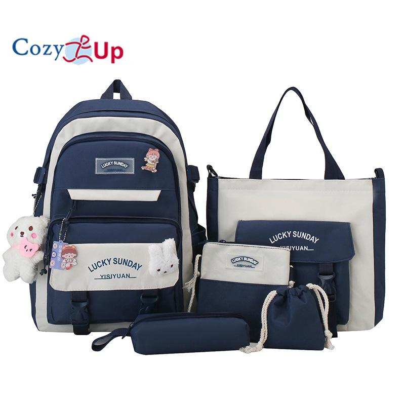 

Набор из 5 предметов: студенческий рюкзак большой вместимости, женский простой повседневный рюкзак контрастного цвета 42x30x13cm темно-синий