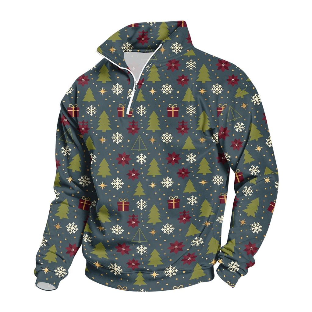 Men's Casual Quarter-Zip Stand Collar Sweatshirt with Christmas Print, Holiday Pullover