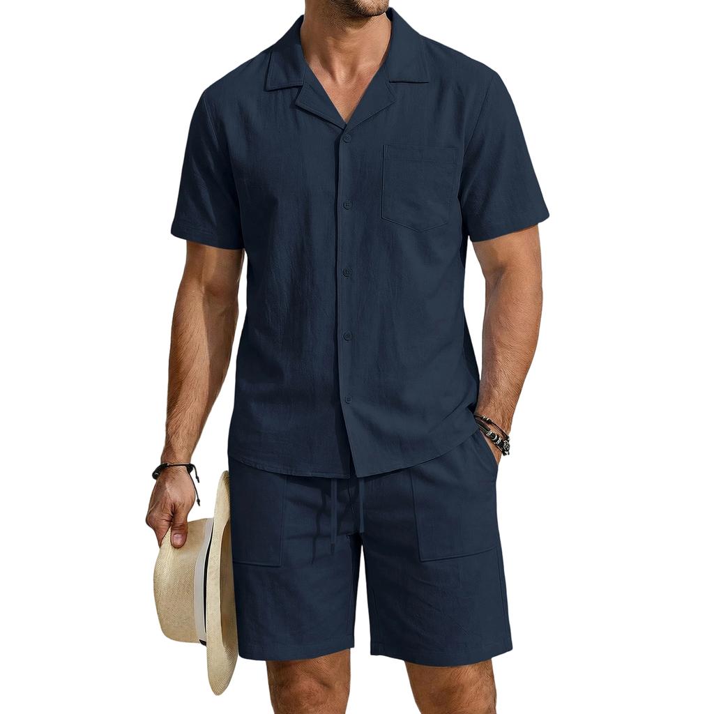 Men's Linen Short Sleeve Shirt and Shorts Set Casual Loose Fit Breathable with Pockets
